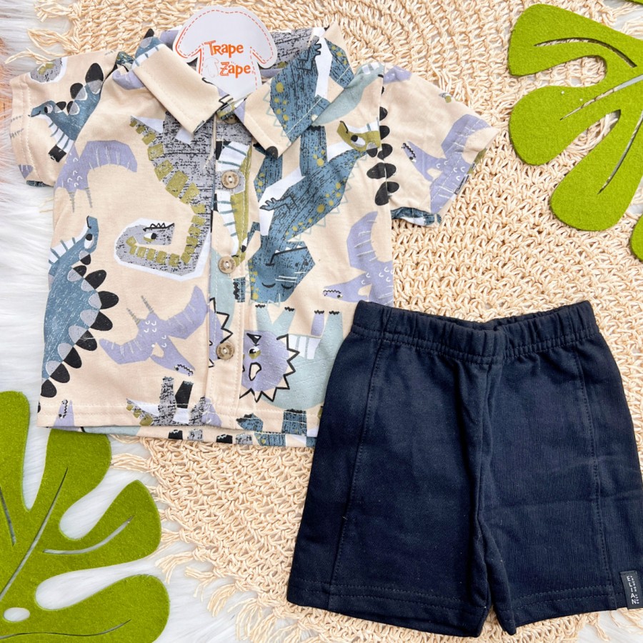 Conj. Camisa Dinossauros Geométricos e Bermuda - Verde e Preto